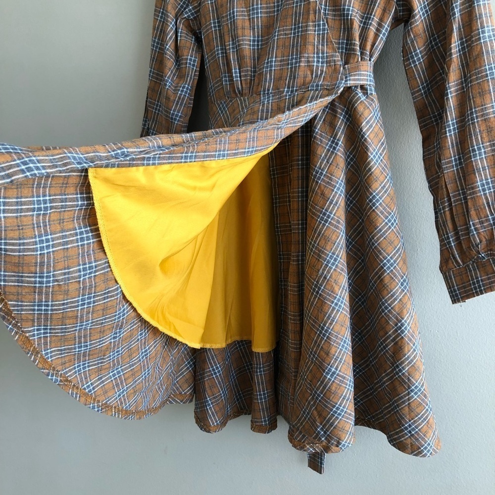 Vintage Plaid Tie Waist Mini Dress Long Sleeve V Neck Fit & Flare Small - Picture 6 of 12
